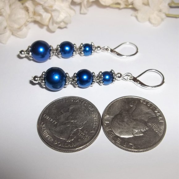 Blue Earrings, Blue Pearl Earrings, Blue and Silver Earrings, Earrings, NWT A757 - Picture 6 of 9
